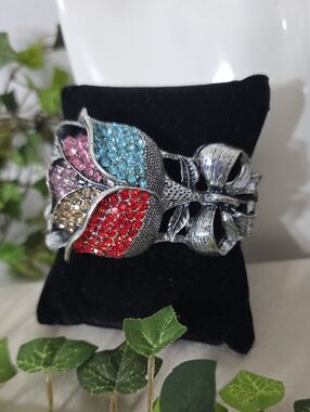 Vintage Style Multicolor Rhinestone Rose Hinge Cuff Bracelet